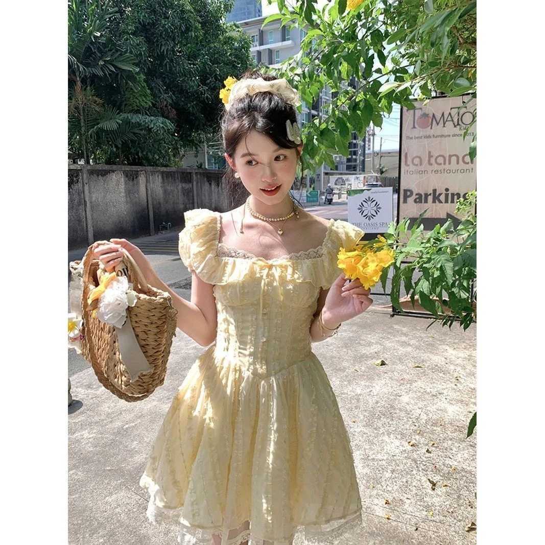 French Sweet Floral Lace Mini Dress Women Beach Style Evening Party Clothing Summer Slim Vintage One Piece Dress Korean Fashion R250716