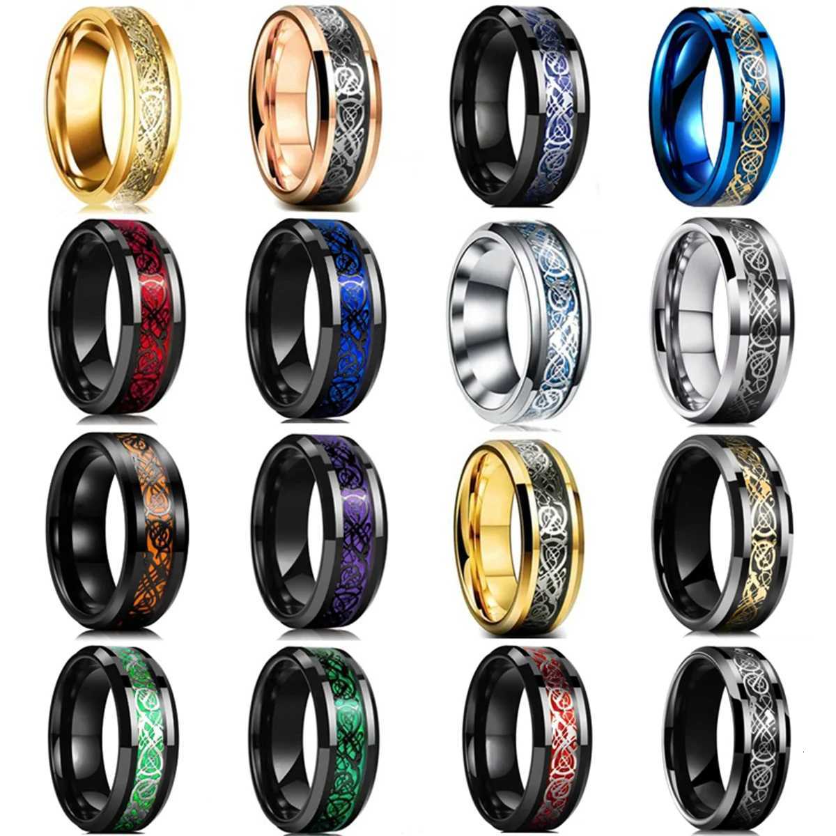 30 Colors Fashion 8MM Men Stainless Steel Celtic Dragon Rings Inlay Carbon Fiber Rings For Men Women Wedding Party Jewelry Gifts S250716