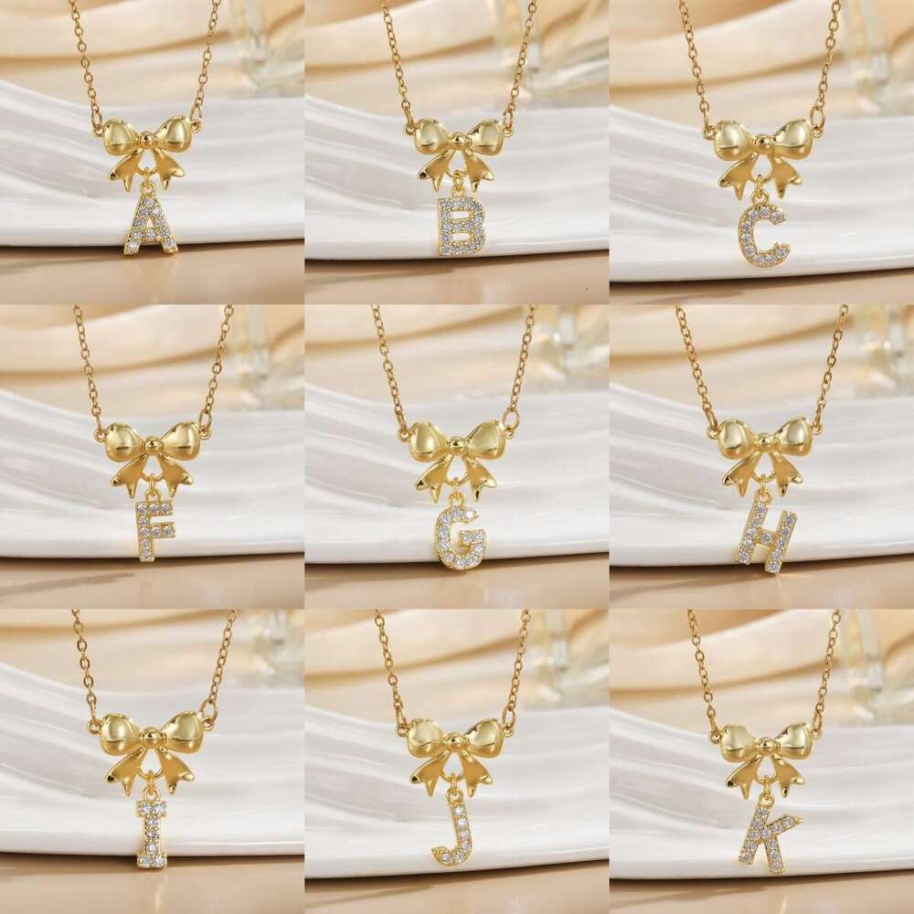Minimalist 26 Letters Inlaid Zircon Bowknot Necklace For Women, Simple And High-End Titanium Steel Jewelry, Non-Fading B85