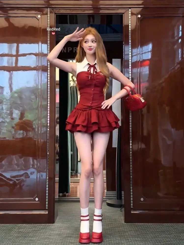 2025 New Spring Kawaii Set Women Red Flared Skirt Set Bow Collar Sexy Chic Stylish Fashion Set Ideal for Party Casual Daily Wear R250716