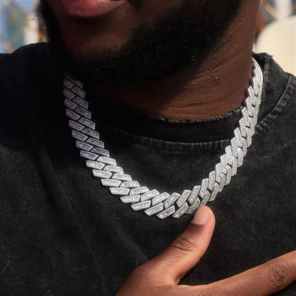 Pass Tester Moissanite Chain Hiphop Necklace 925 Silver Iced Out 18mm VVS Baguette Moissanite Cuban Chain