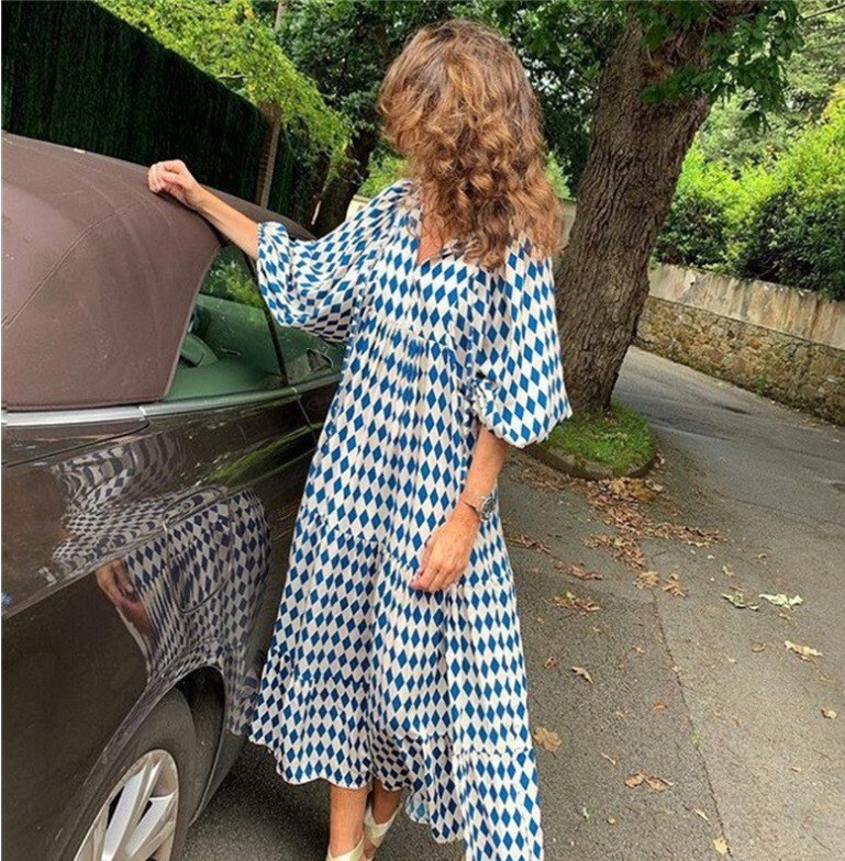 2025 Cross-Border Foreign Trade Summer Women's Short Sleeve Plus Size Loose Printed Lantern Sweet Style Dress Long Comfortable