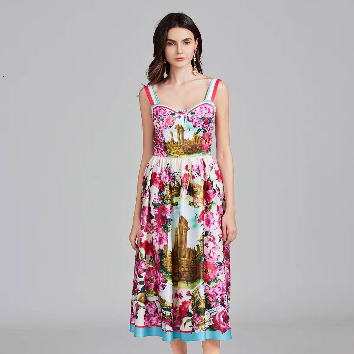 Designer Summer Holiday Floral Print Midi Prom Dress Women Bustier Corset Strechy Back Sundress Party Long Evening Dresses dongdumaoyi