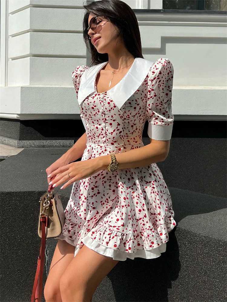 Tossy V-Neck Printed Summer Dress Female Ruffled Short Sleeve High Waist Elegant Contrast Evening Dress Womens Commute Dress R250716