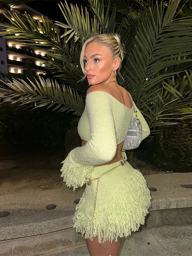 Elegant Tassel Knitted Skirt Set Women Off Shoulder Long Sleeve Crop Top Hip Package Mini Skirts Suit Summer Beach Lady Outfits 250715