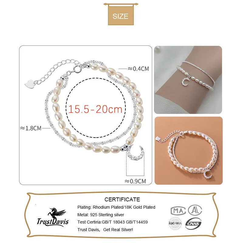 TrustDavis 925 Sterling Silver Double Layer Freshwater Pearl Moon Chain Bracelet for Women Valentines Day Jewelry DA2493 250712