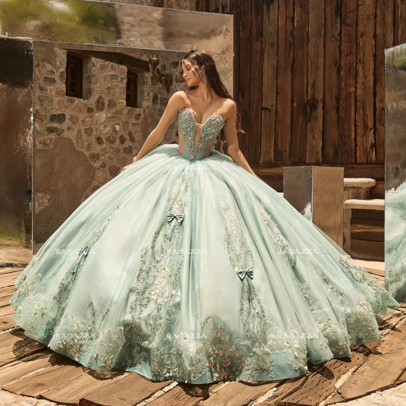 Green Shiny Quinceanera Dresses Ball Gown Off The Shoulder Applique Lace Beading Crystal Bow Tull Corset Party Birthday Sweet 16 Dress Vestidos 15 Ano