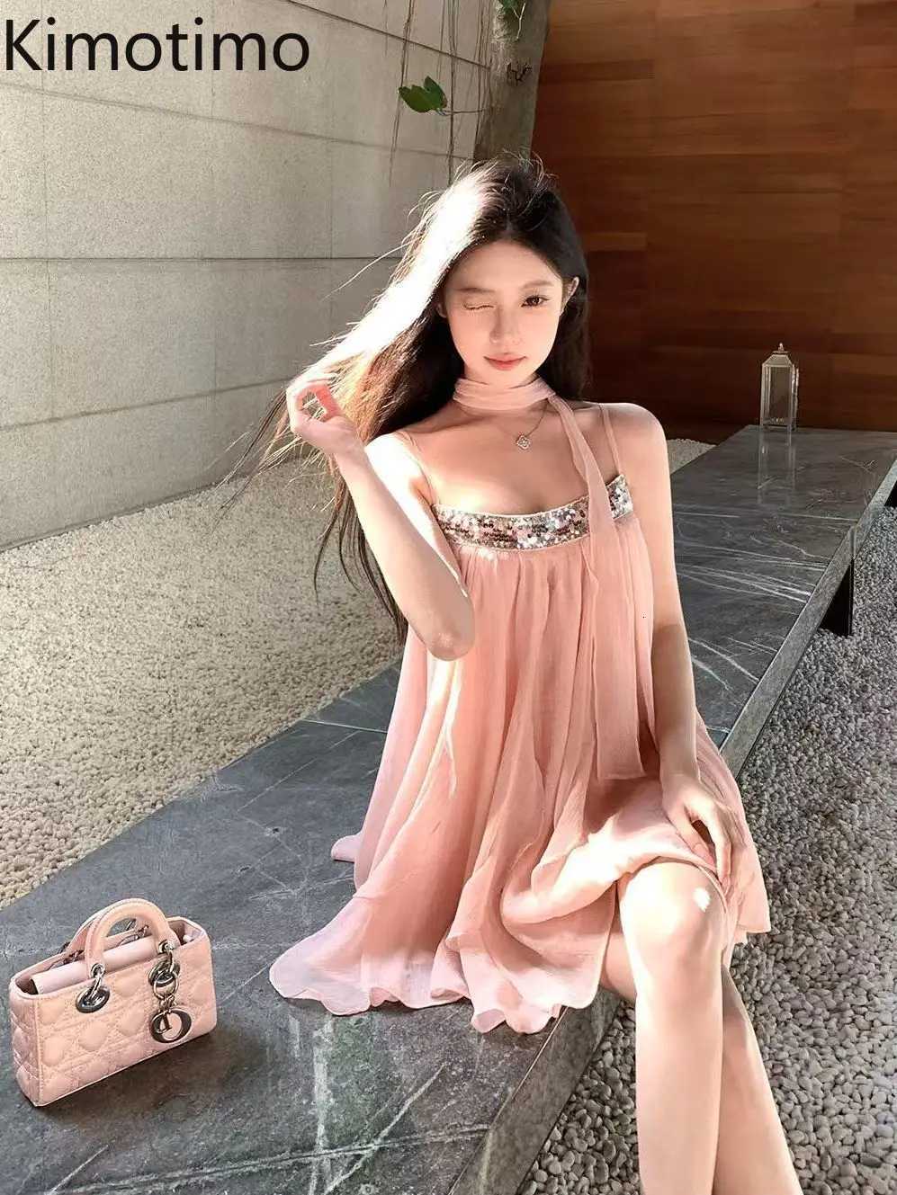 Kimotimo Luxury Sequin Suspender Ruffle Party Dress Women 2025 Summer Fairy Beach Vacation Backless Sleeveless Mini Dresses R250716