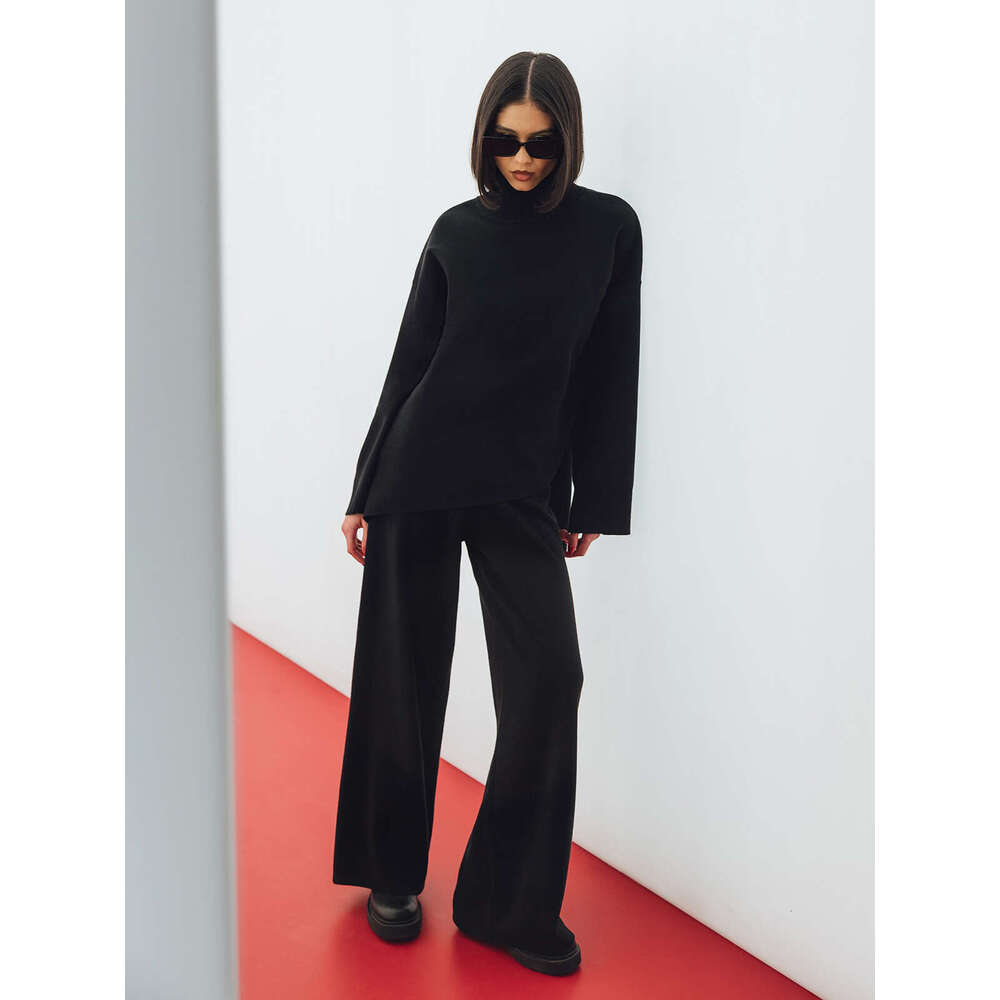 Half Turtleneck Ins Irregular Slanted Sweater + Knitted Wide-Leg Pants Two-Piece Set B5