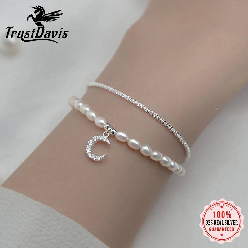 TrustDavis 925 Sterling Silver Double Layer Freshwater Pearl Moon Chain Bracelet for Women Valentines Day Jewelry DA2493 250712