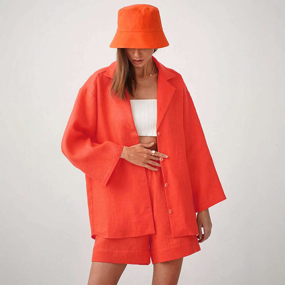 Pure Cotton Shorts For Women Summer Turn-Down Collar Loose Single-Breasted Shirt + High-Waisted Straight-Leg Pants Two-Piece Set B5