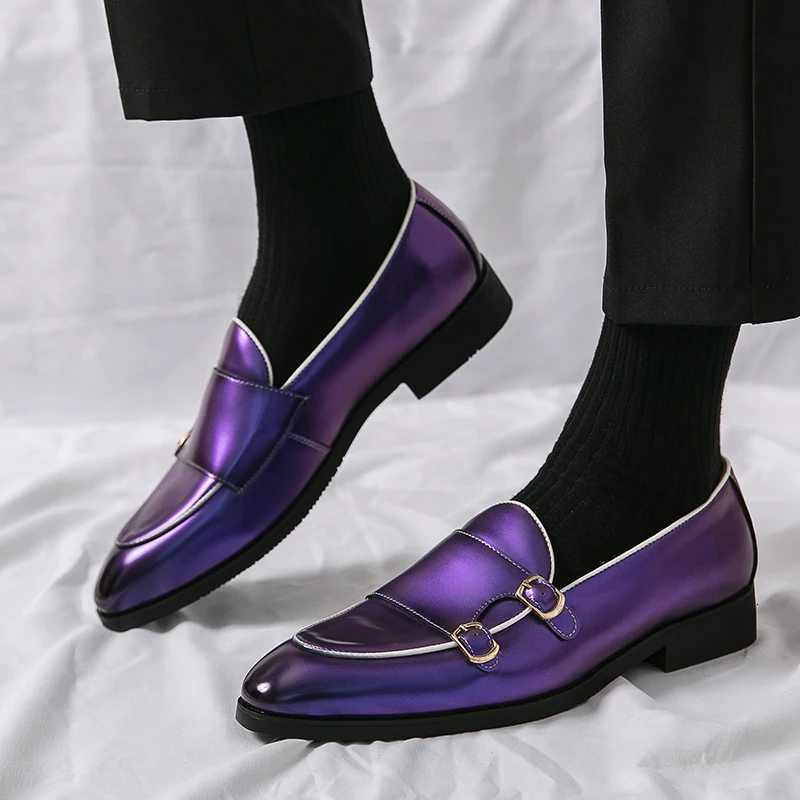 British Trendy Mens Pointed Toe Purple Green Monk Strap Patent Leather Shoes Trendsetter Wedding Dress Prom Formal Footwear Y250715
