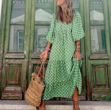 2025 Cross-Border Foreign Trade Summer Women's Short Sleeve Plus Size Loose Printed Lantern Sweet Style Dress Long Comfortable