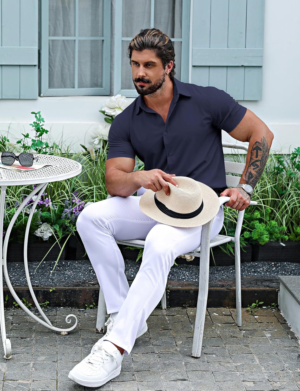 Men's Muscle Dress Slim Fit Stretch Short Sleeve Casual Button Down Shirts for Men