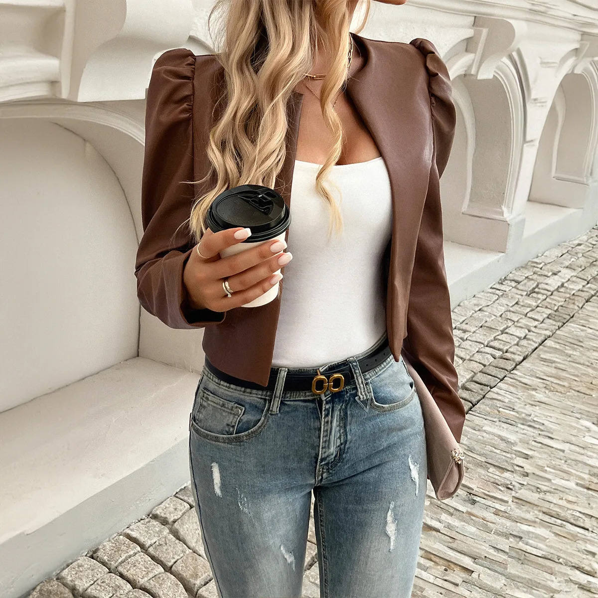 Womens Jacket Long Sleeved Casual Cardigan Solid Color Leather Jacket Autumn 250715