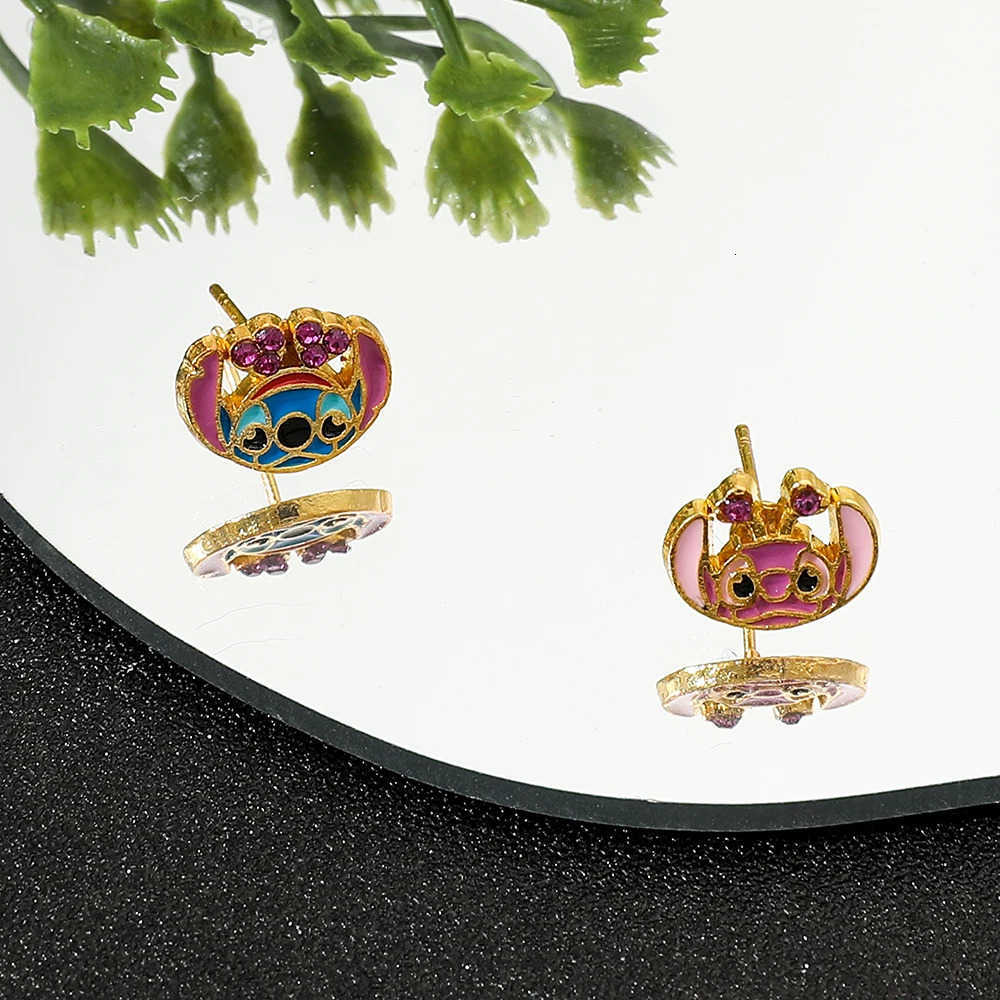 Disney Anime Cartoon Character Stitch Angel Earrings Kawaii Love Rhinestone Earrings Fashionable Luxury Womens Jewelry W20250716