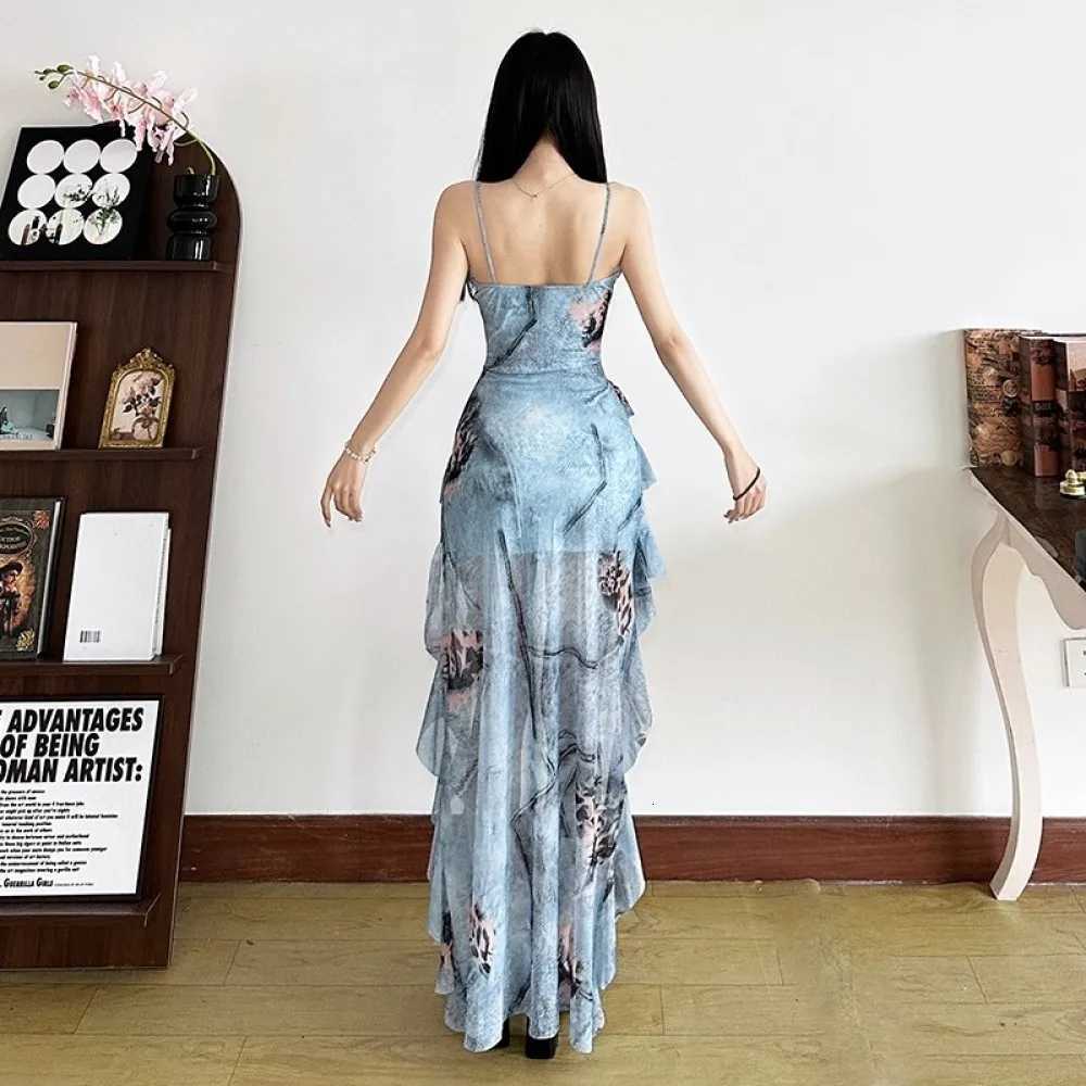 SylCue Irregular Patchwork Dress Women Sexy Sling V-Neck Backless Off Shoulder Ruched Ruffles Tassel Street Elegant Dresses R250716