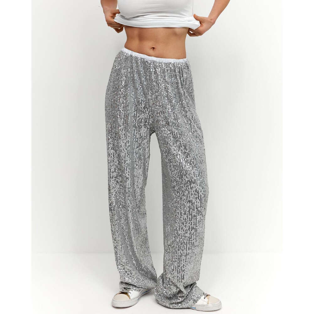 Autumn Winter New Ins Y2k Trend American Style Pearlescent Sequin Straight Leg Floor-Length Pants B5