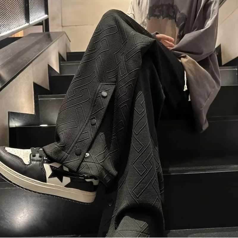 igh Street Vintage Casual Buckle Side Split Loose Wide Leg Pants Mens Solid Elastic Waist Drawstring Pockets Straight Trousers y250716