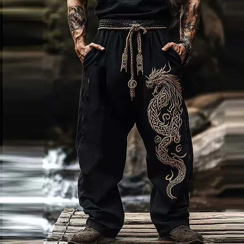 2025 Men Spring Autumn Linen Casual Long Vintage Pants Men Print Ethnic Sports Elastic Waist Tie-up Sweat Pants Street Clothing y250716