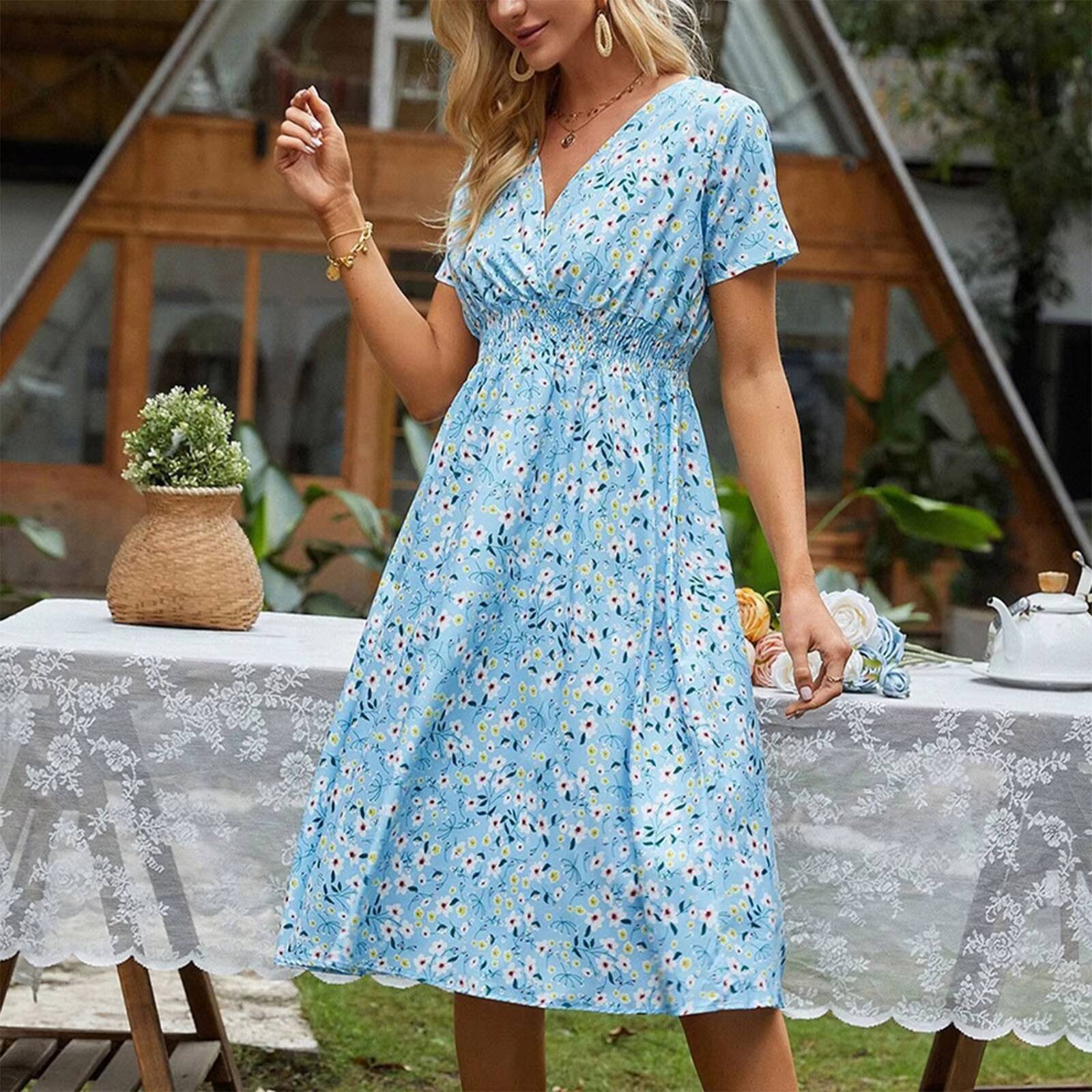 High Quality Luxury Design 2024 Elegant Cinching V-neck Printed Elastic Waist Maxi Sexy Dress Women Clothing Vestido dongdumaoyi
