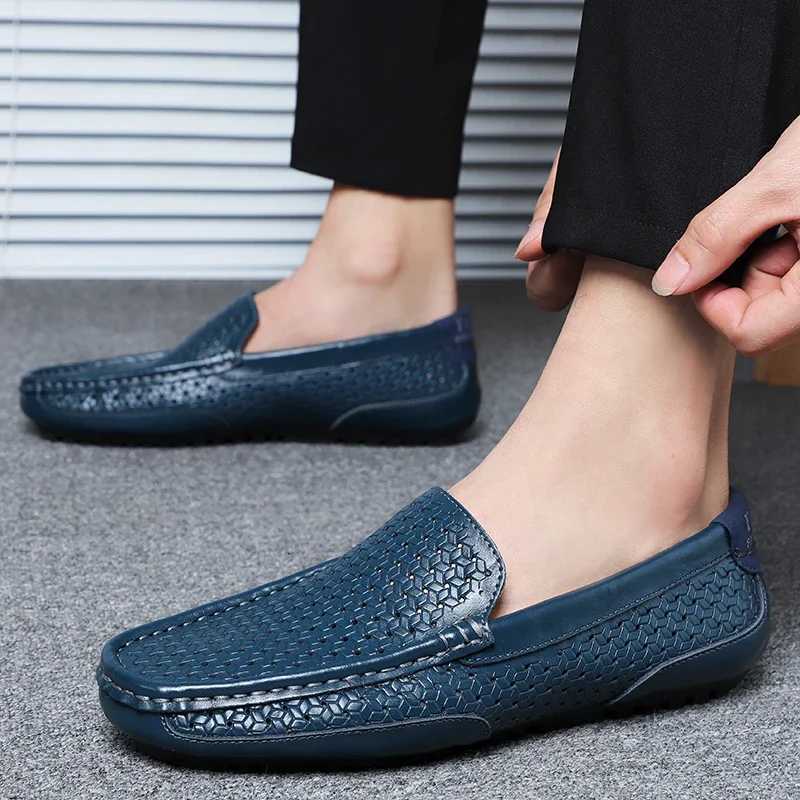 2023 Summer Men Casual Shoes Luxury Brand Genuine Leather Mens Loafers Moccasins Hollow Out Breathable Slip-on Driving Shoes W250716