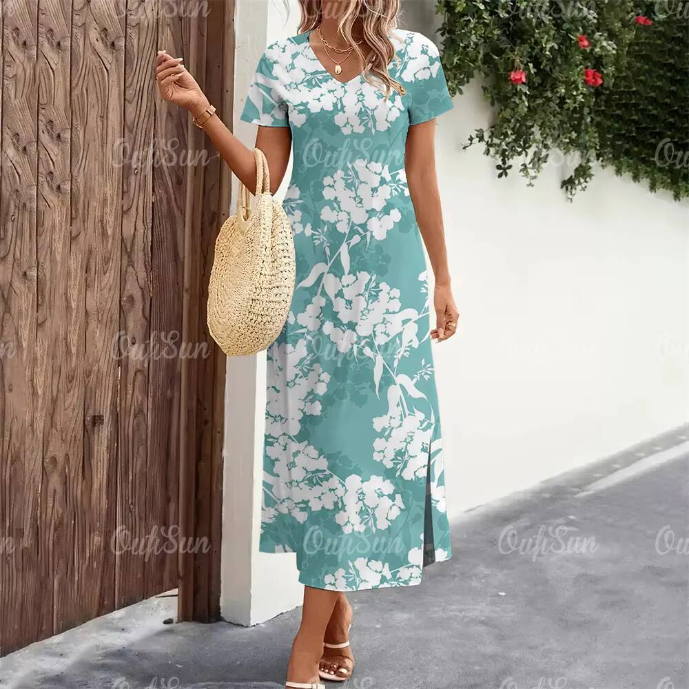 2024 New Womens Floral Print Summer Elegant Midi Dresses Vacation Feamle Dress Fashion Oversized Clothes Plus Size dongdumaoyi