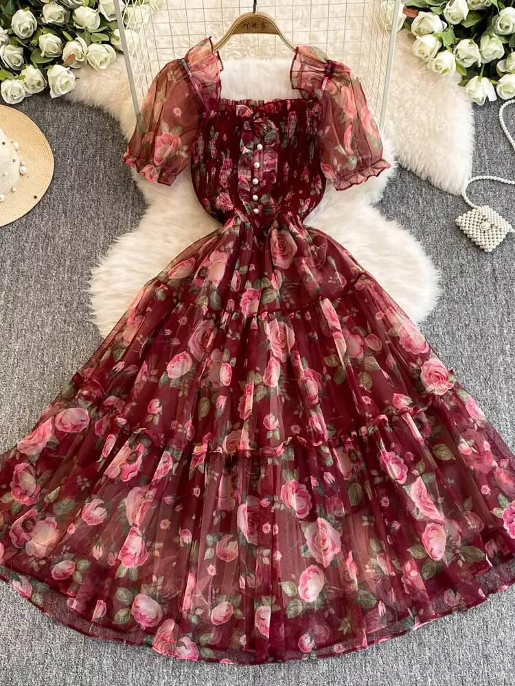 Summer Women Floral Mesh Midi Dress Sweet Square Collar Short Puff Sleeve Ruffle Vestidos Female Elegant Purple/Green/Red Robe dongdumaoyi