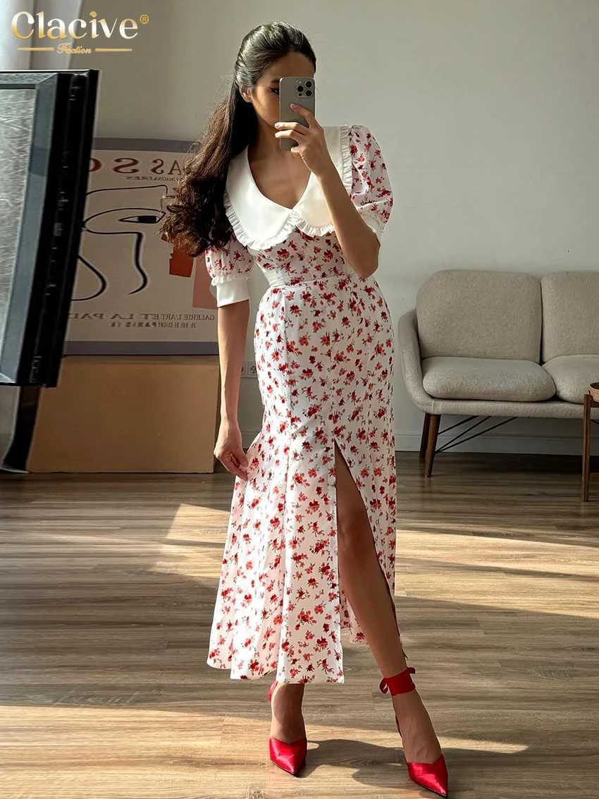 Clacive Fashion Slim Print Womens Dress Summer Lapel Short Sleeve Ankle Length Dresses Elegant High Waist Slit Female Dress R250716