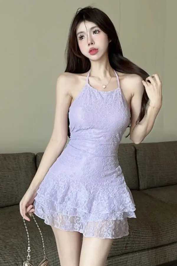 Pure Erotic Halter Neck Backless Lace Splicing Suspender Small Slim and Slim Ruffled Dress R250716