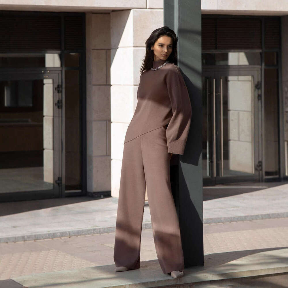Half Turtleneck Ins Irregular Slanted Sweater + Knitted Wide-Leg Pants Two-Piece Set B5