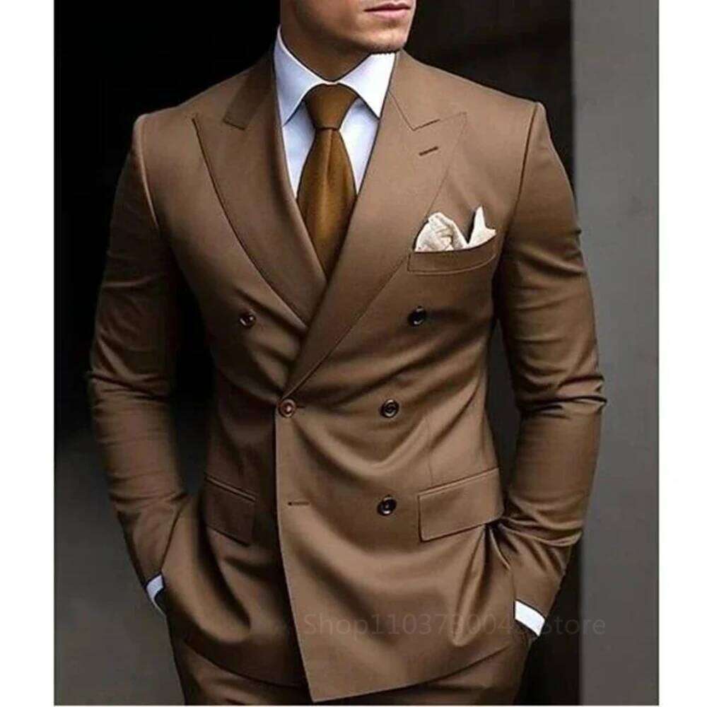 Solid 2 Pieces Men Set Fashion New Men's Formal Business/Wedding Groom Suits Peak Lapel Double Breasted Blazer Trousers