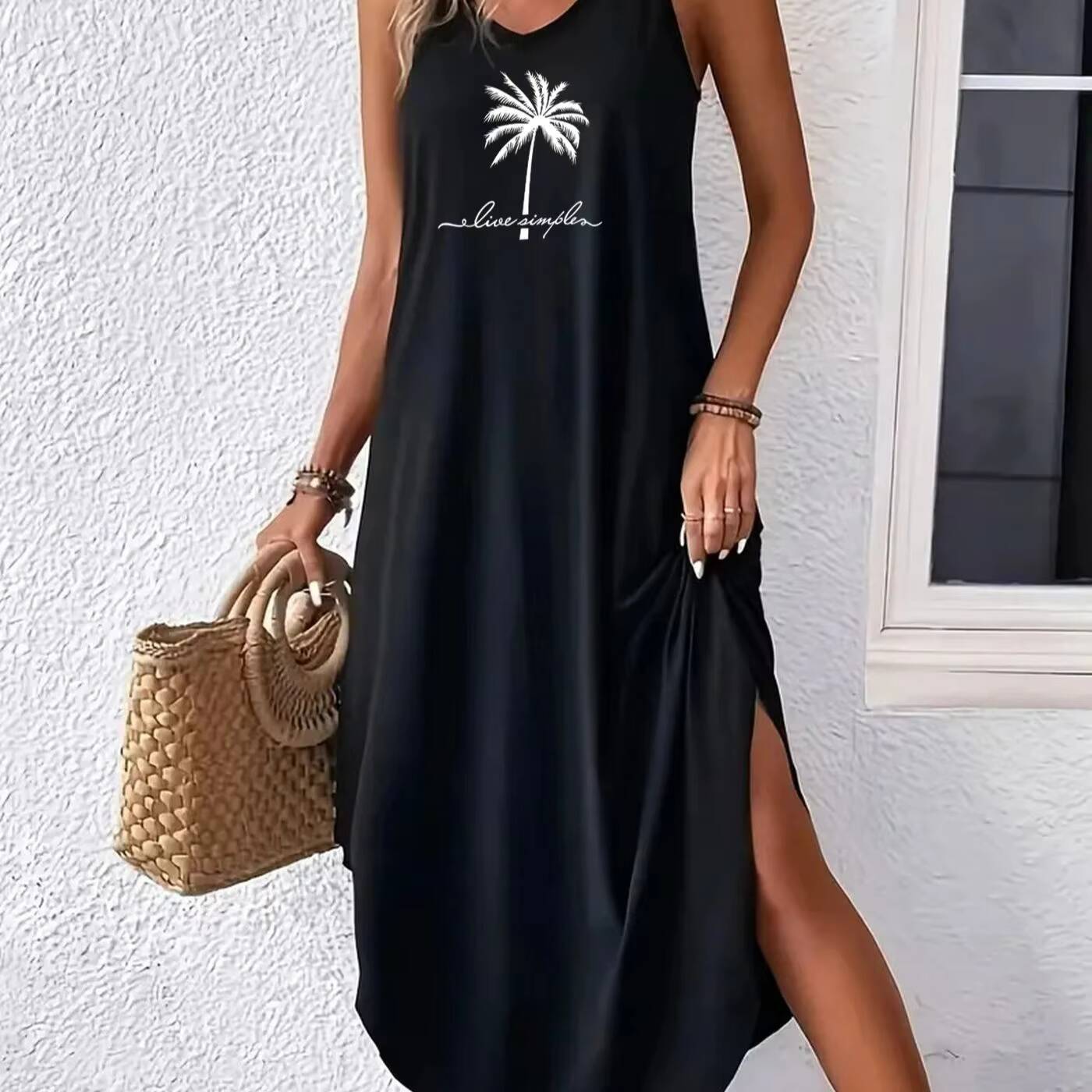 Trees Curvy Hem Cami Sexy Sleeveless Spaghetti Strap Loose Maxi Dress, Womens Clothing dongdumaoyi