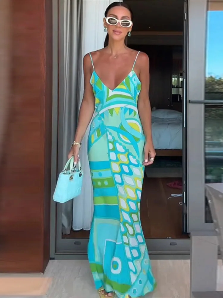 Stain Print Halter Beach Dress Women Sleeveless Backless Fitted Sexy Maxi Summer Resortwear Holiday Elegant Seaside Vestido 250716