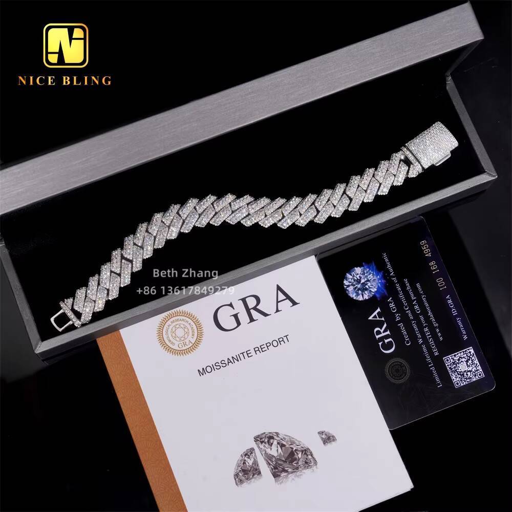 Men Hip Hop Bracelet 925 Silver Iced Out Jewelry VVS Moissanite Cuban Bracelet 3 Rows 15MM Lab Diamond Cuban Link Bracelet
