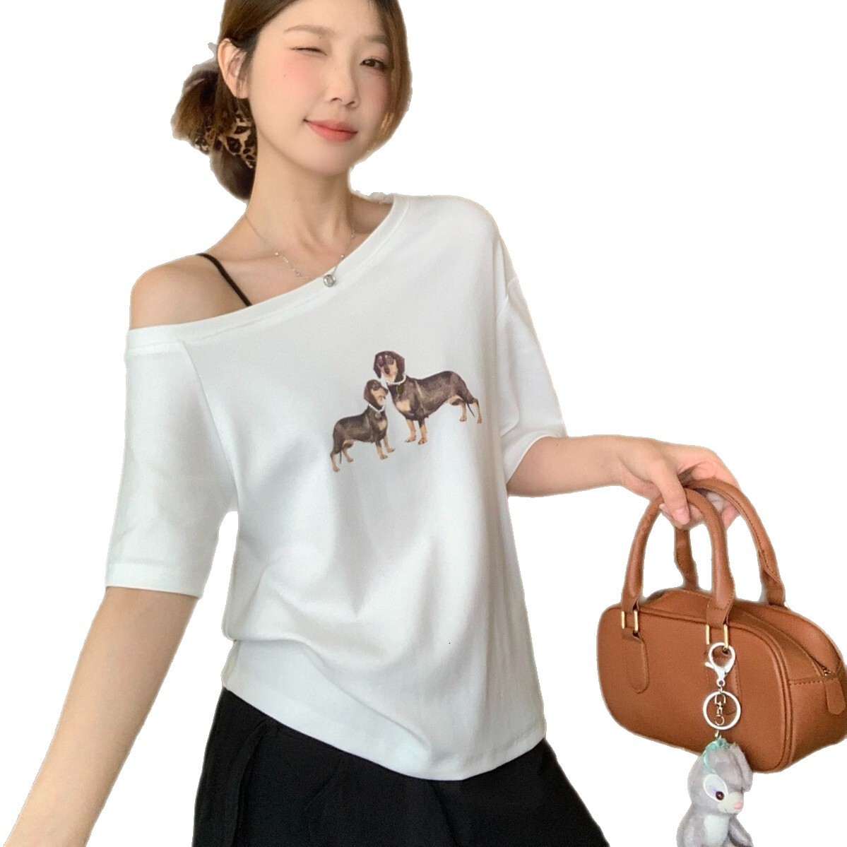 Summer New Women S T Shirt Gray Asymmetrical Short Sleeve T Shirt For Women Summer New Puppy Print Design American Style Loose Off Shoulder Top Ins Ne