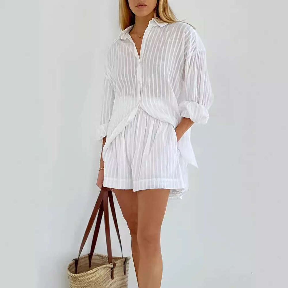 Summer New Women's White Striped Cotton Shirt And Shorts Set Casual Outfit B5