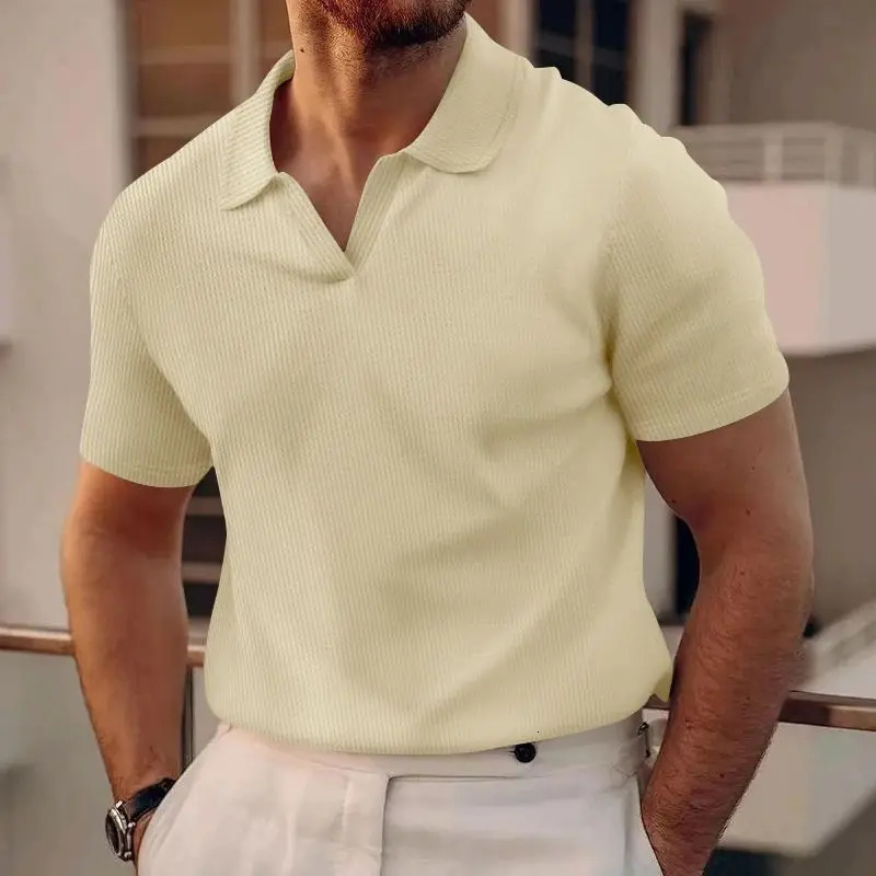 24 cross-border European and American summer polo shirt lapel V-neck waffle short sleeve mens T-shirt 250716
