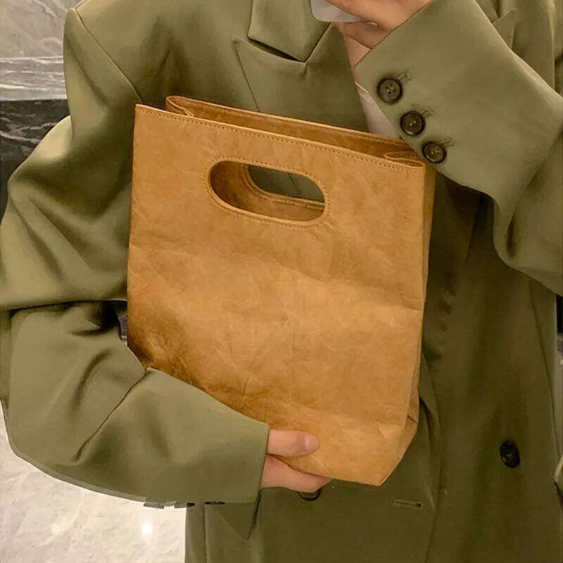 Women Kraft Paper Vintage Shoulder Bags Letter Solid Casual Tote Handbags Travel Shopping Pack