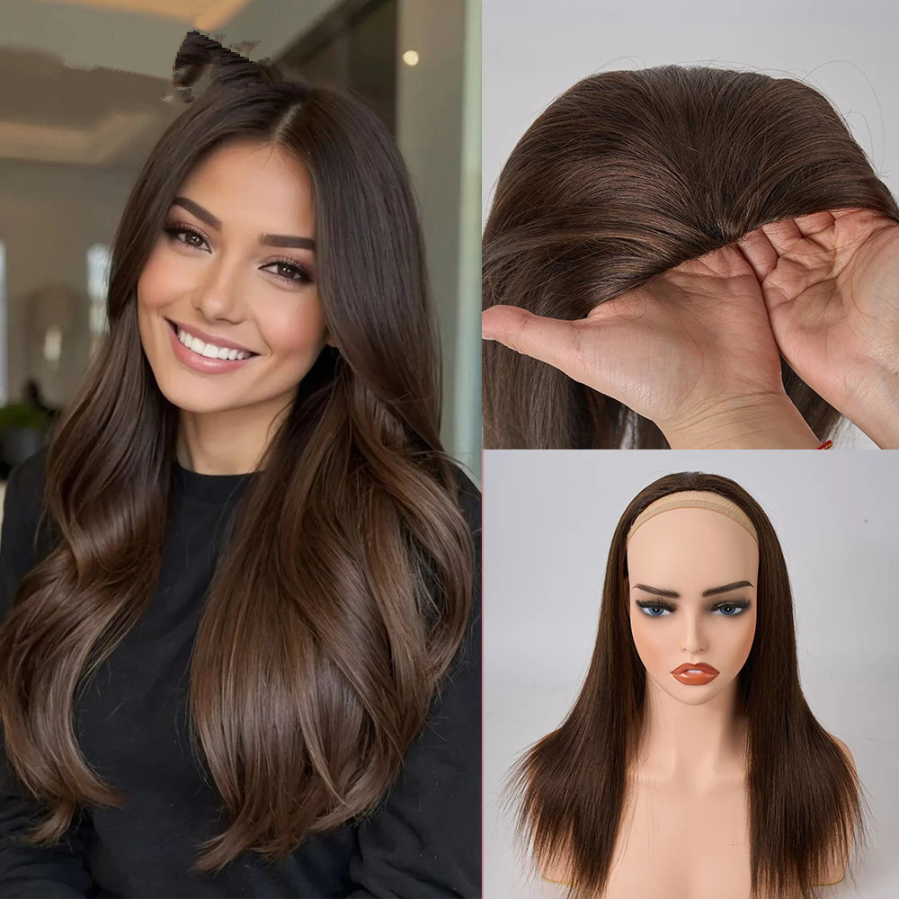 3/4 Half Wig Human Hair With Clip in Hair weave wig glueless Silky Straight wavy Remy Hair Brown Color Soft 150% density For Women