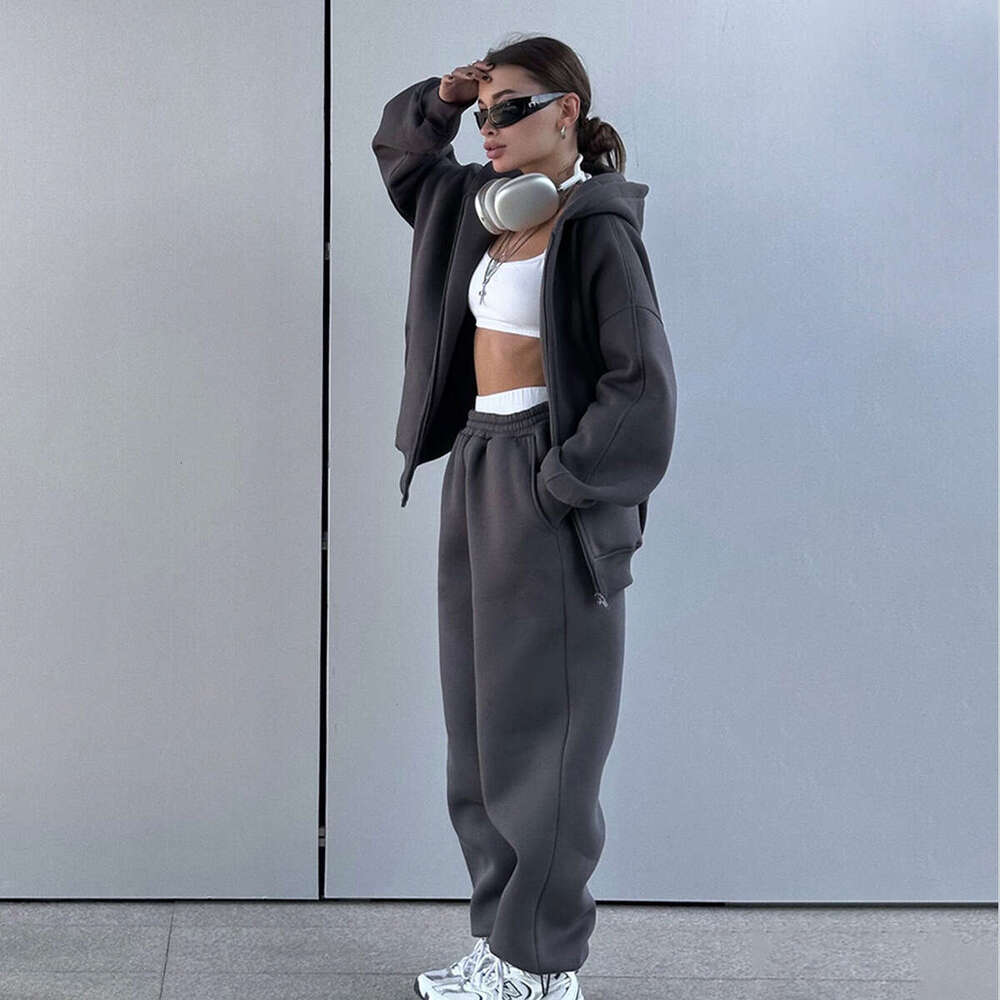 Autumn Winter New Women's Sports Casual Fleece Cardigan Sweatshirt Set B5