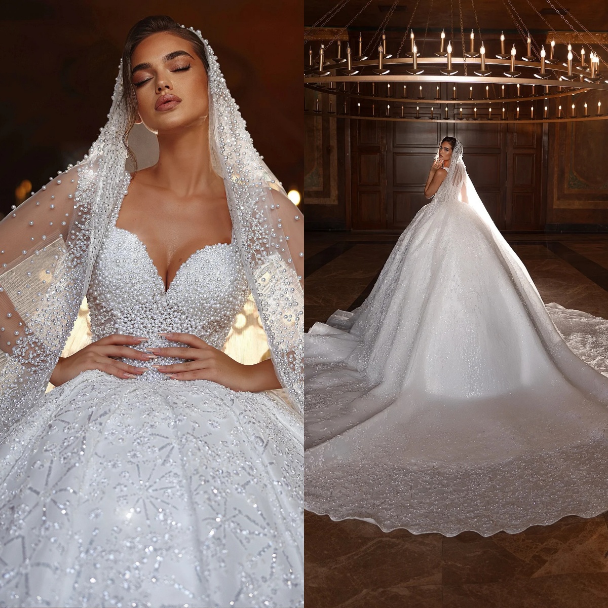 Gorgeous Beading Pearls Ball Gown Wedding Sexy Spaghetti Straps Beaded Lace Bridal Gowns Arabic Sleeveless vestido de novia