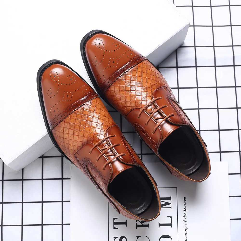 Man Stylish Derby Shoes Woven Leather Dress Mens Brogue Men Lace-Up Business Casual Office Party Wedding Shoes Y250715