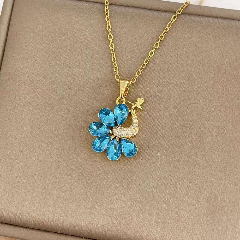 New Design Blue Crystal Pea Pendant Titanium Steel Necklace Female Copper Gold Plated Micro Inlaid Zirconia Jewelry 26A