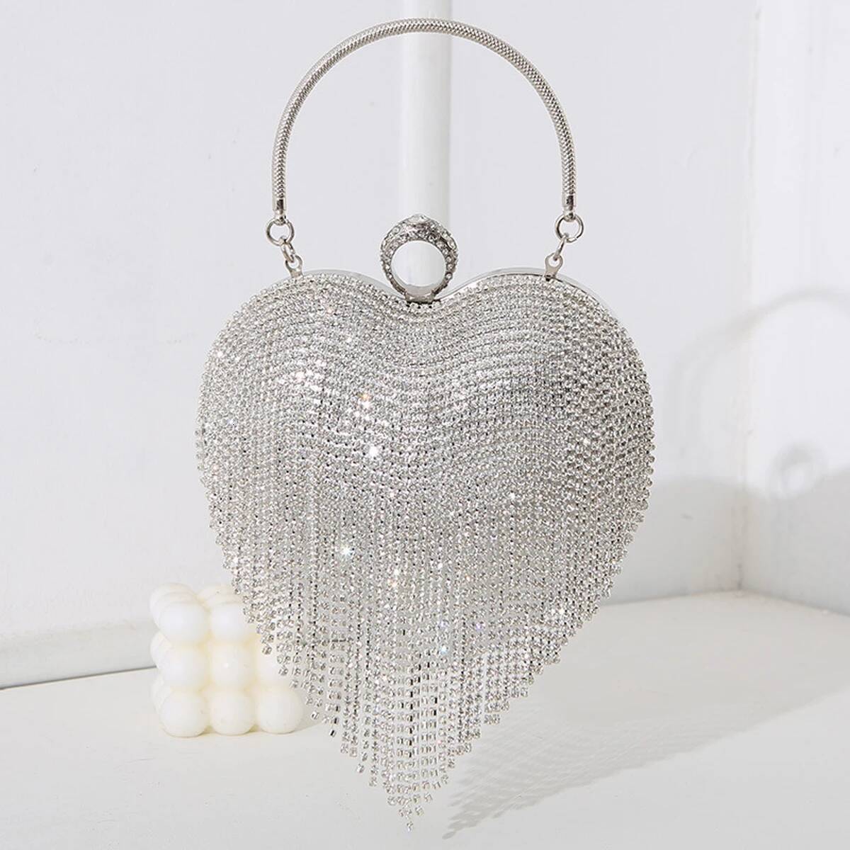 Rhinestone Evening Bag Heart Pattern Sier Handbag Womens Dia Tassel Banquet Clutch And Purse Wedding Bridal Prom Wallets