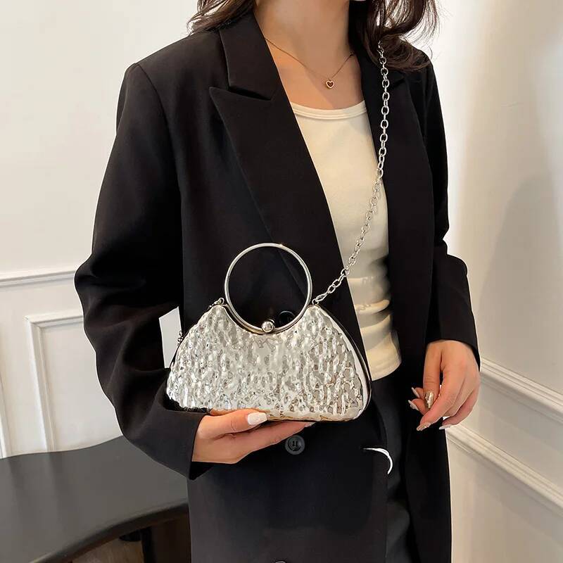 Round Handle Golden Evening Clutch Bags For Women Metal Texture Designer Purses And Handbags Wedding Party Crossbody Bag