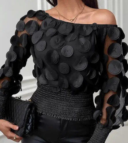 Applique Slant Shoulder Blouse Elegant Long Sleeve Blouse For Spring Fall Womens Clothing 250715