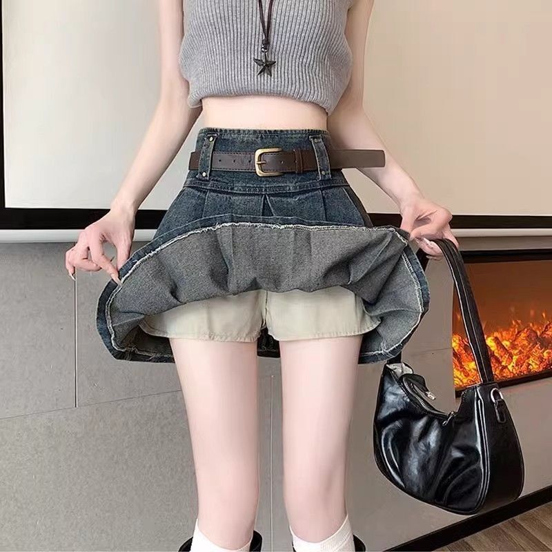 2025 Summer New Denim Midi Skirt for Women High Waist Versatile Slimming A-Line Pleated with Design Sense Short