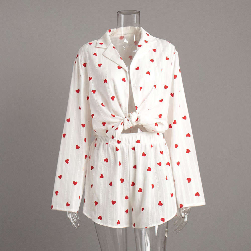 New Pajama Casual Fashion Heart Print Long Sleeve Shorts Homewear Two-Piece Set B5