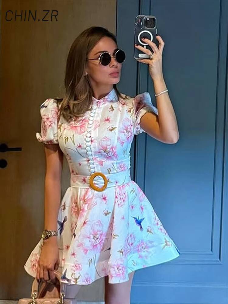 Elegant Print Belt Single Breasted Short Dress Women Stand Collar Puff Sleeve A-line Party Dresses 2025 Summer Lady Holiday Robe dongdumaoyi